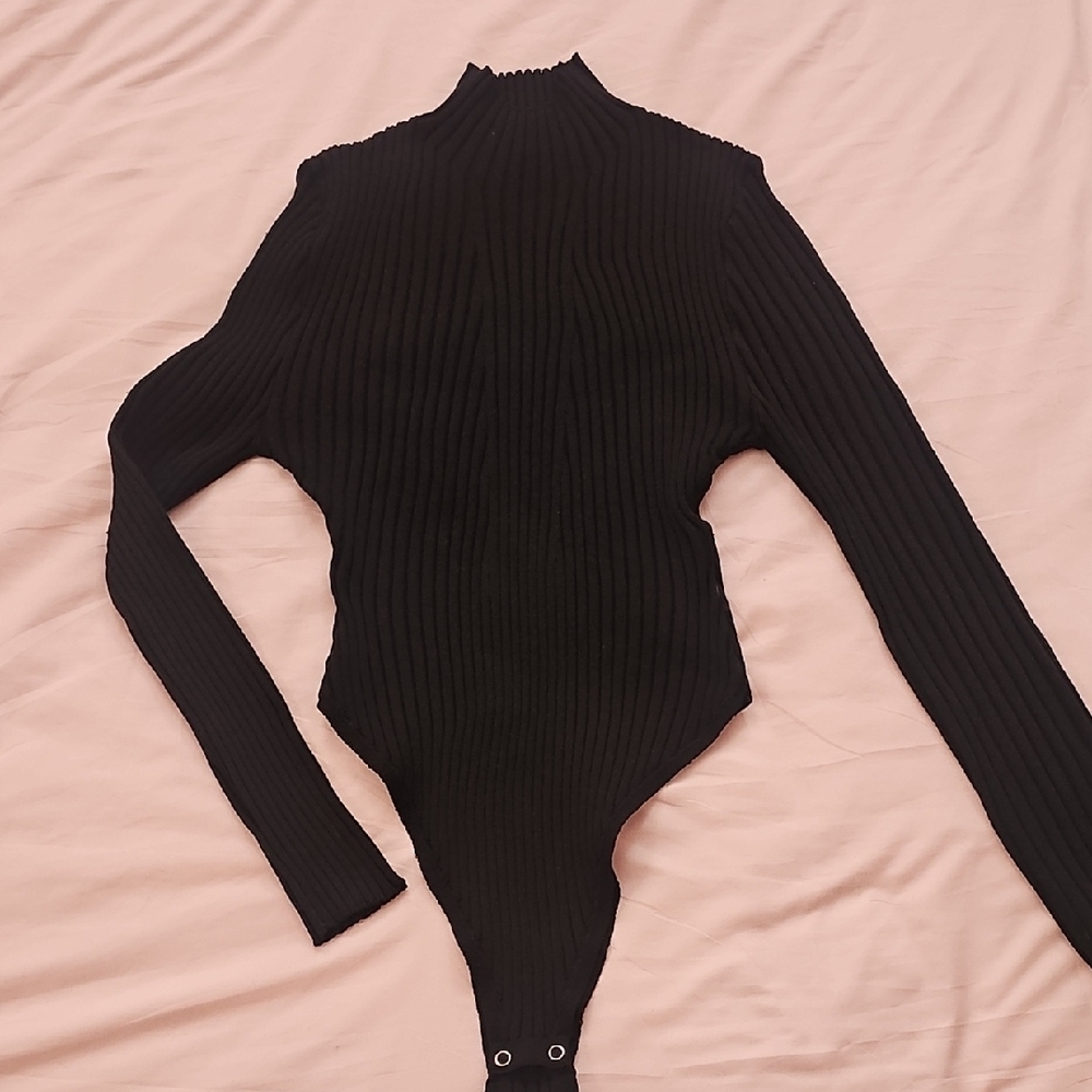 Roma Black Ribbed Long Sleeve Bodysuit